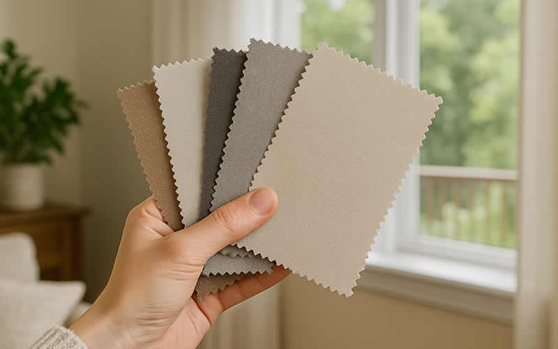 Hand holding up different fabric samples and colors in front of a window